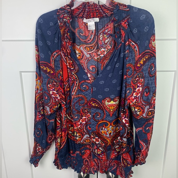 VENUS Tops - Venus Peasant Boho L Blouse Smocked Top Paisley Colorful Western Americana
